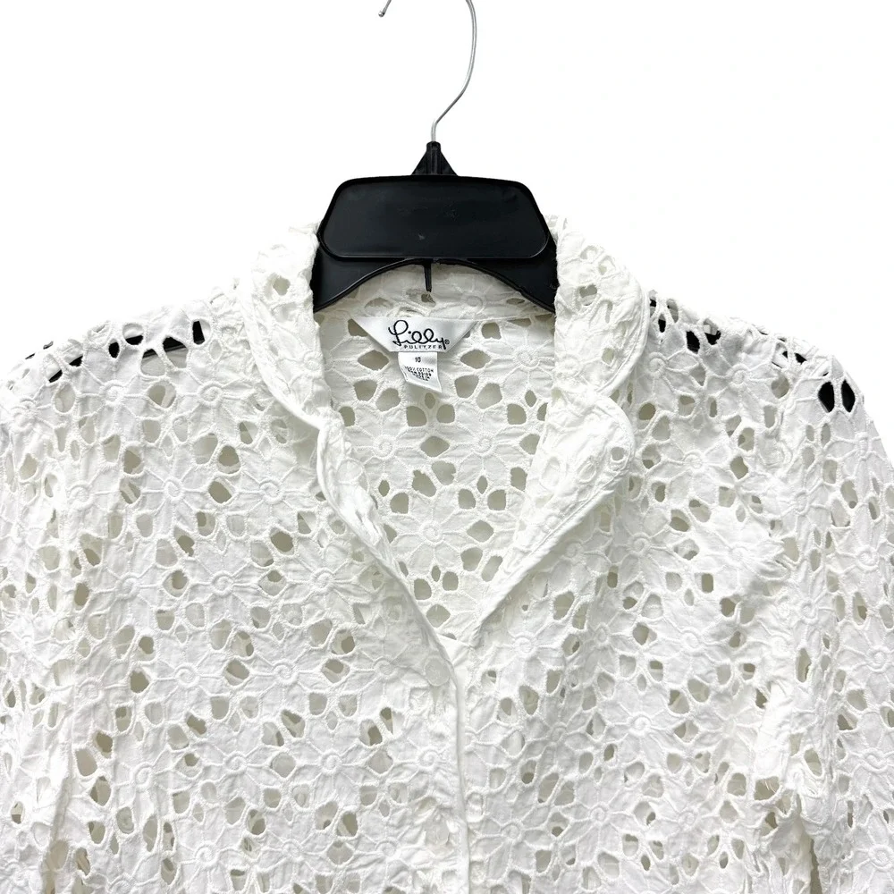 Vintage Lilly Pulitzer White Cotton Eyelet Lace Button Down Shirt Rose Buttons